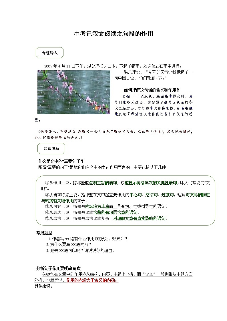 2021年中考语文热点专题记叙文阅读之句段的作用(知识点梳理+练习)01