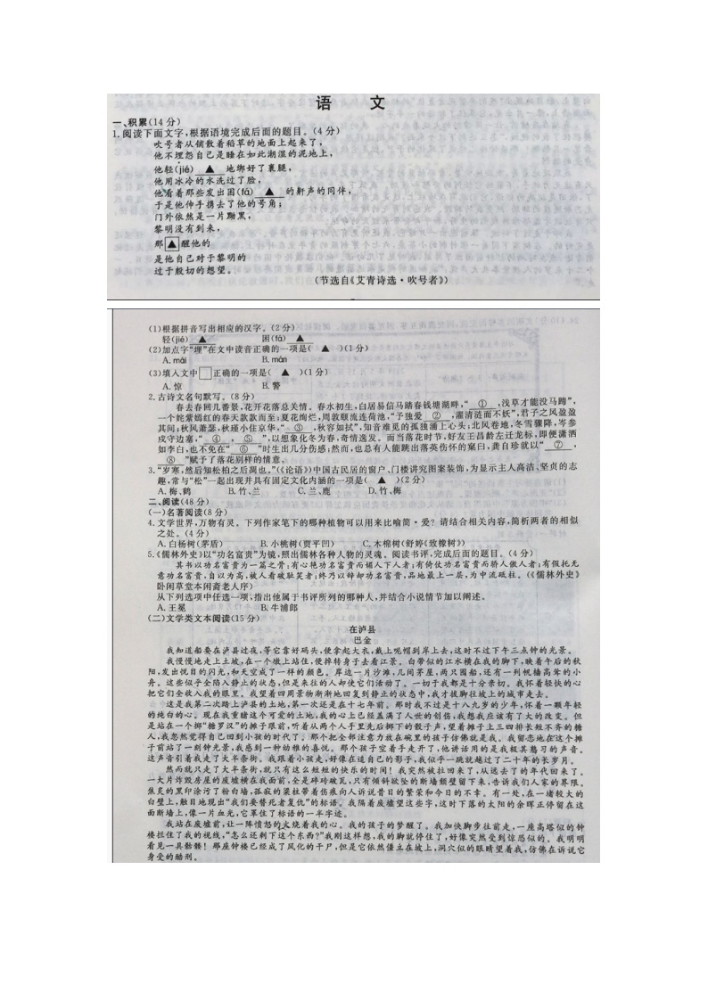 004—浙江省丽水2019年中考语文试卷及答案（图片版 ）