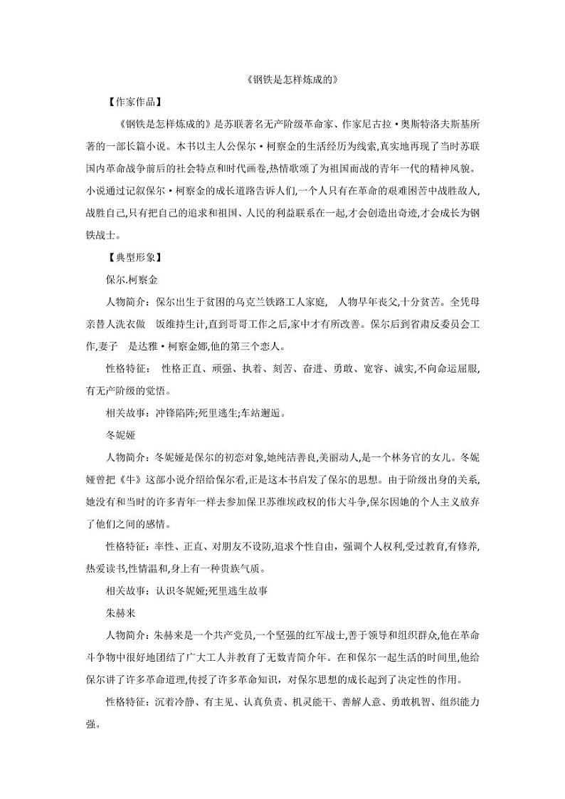 中考语文名著阅读重点篇目《钢铁是怎样炼成的》提纲及训练01