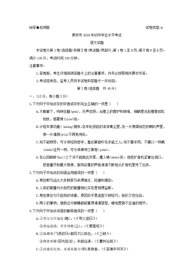 2018年山東省泰安市中考語文試題及答案第1頁