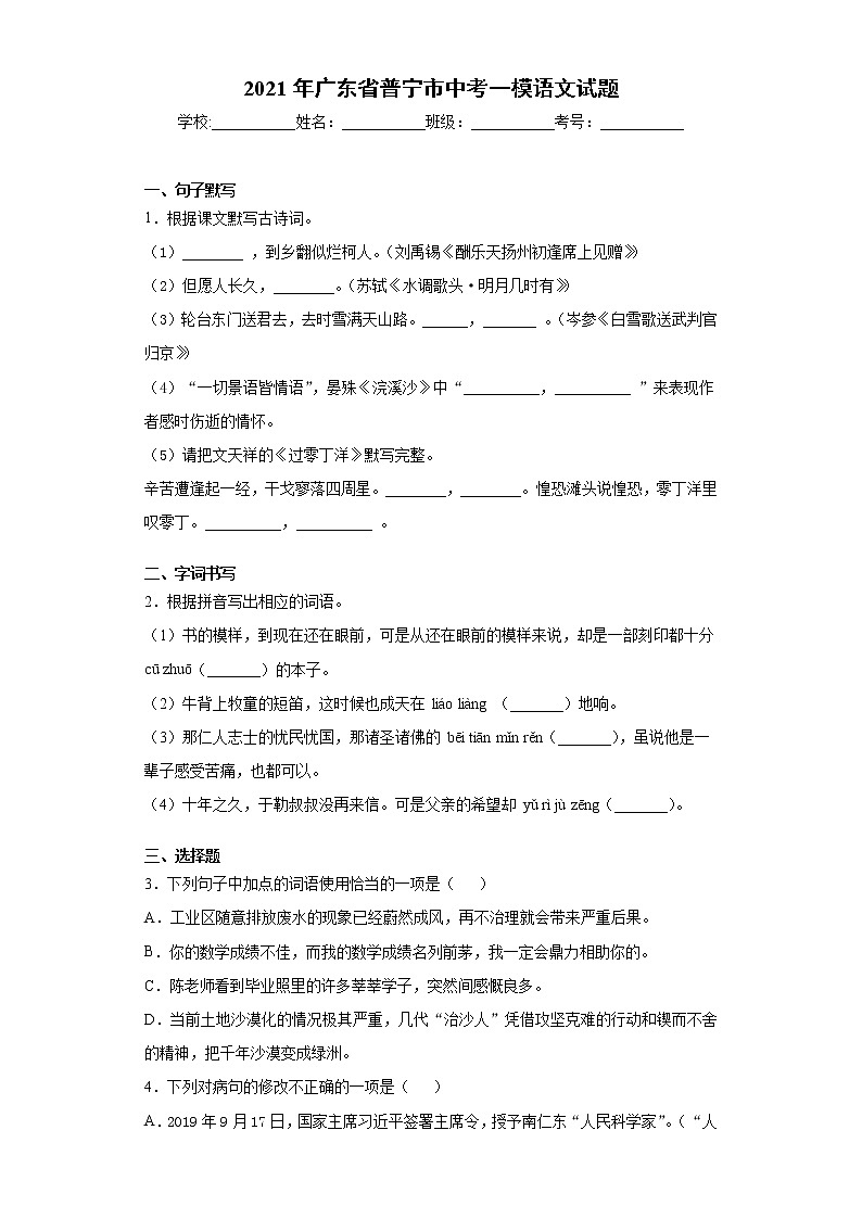 2021年广东省普宁市中考一模语文试题(word版 含答案)01