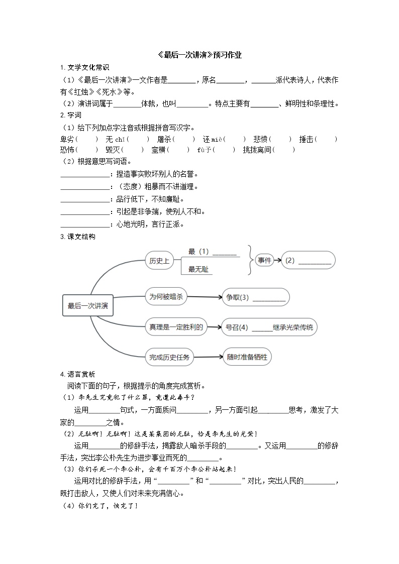 初中语文人教部编版八年级下册13 最后一次讲演同步练习题