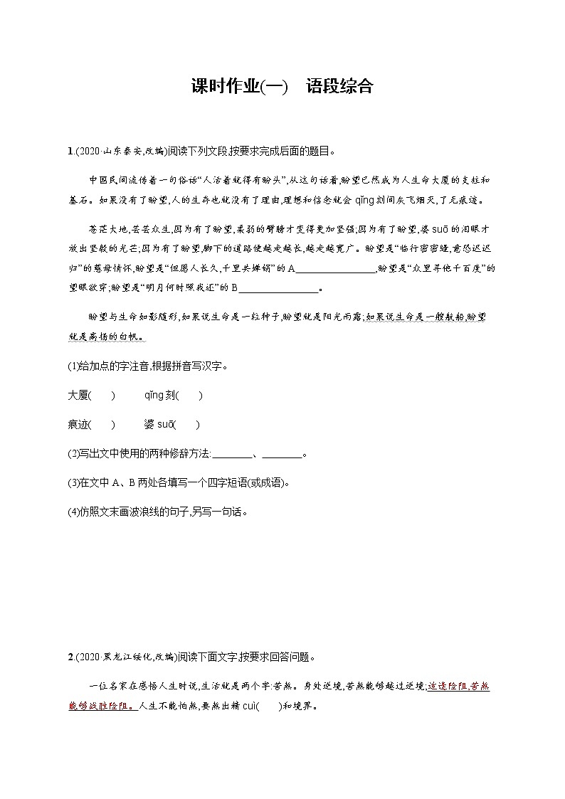 课时作业(一) 语段综合——安徽省2021年中考二轮复习试卷01