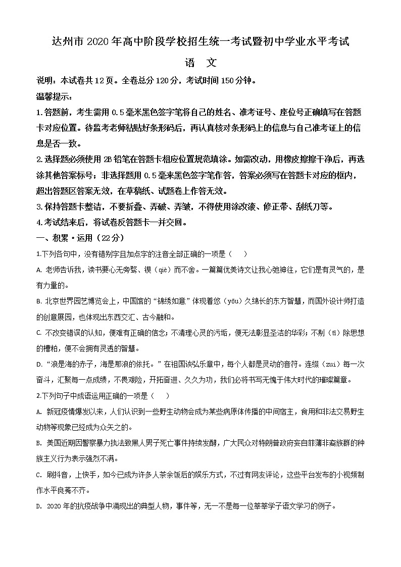 2020年中考真题解析 语文(四川达州卷)精编word版01