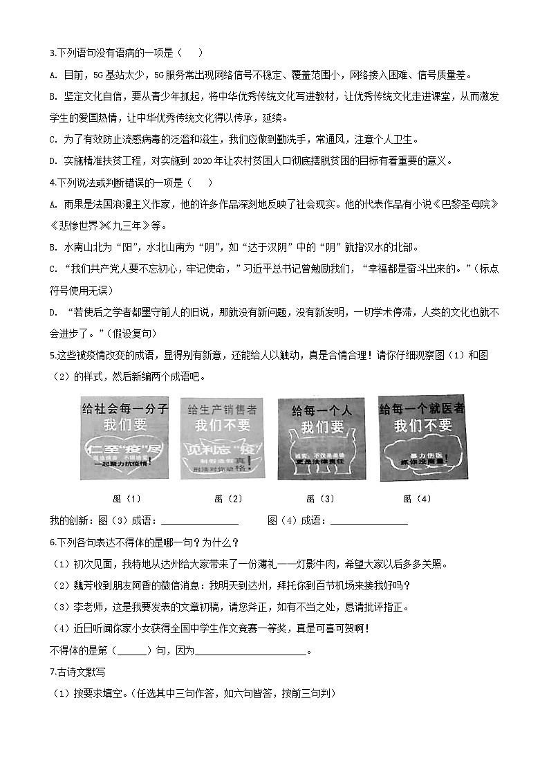 2020年中考真题解析 语文(四川达州卷)精编word版02