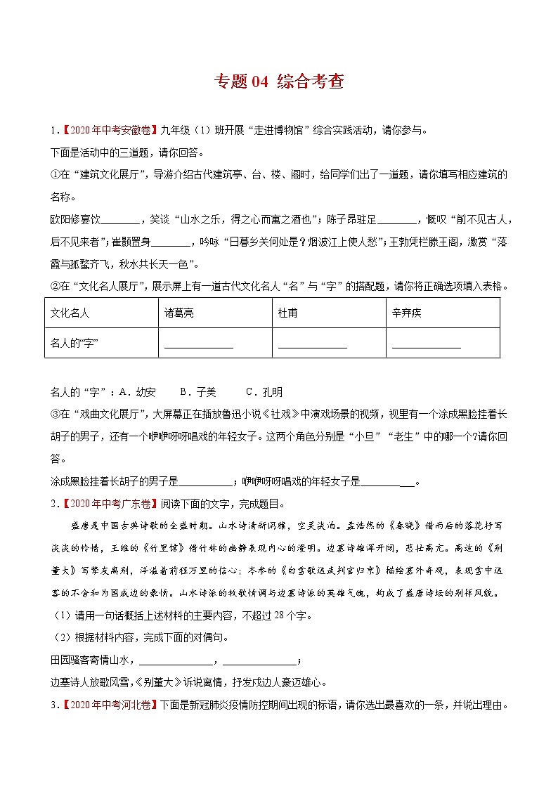 专题04 综合考查-2020年中考语文真题分项汇编(全国通用)试卷01