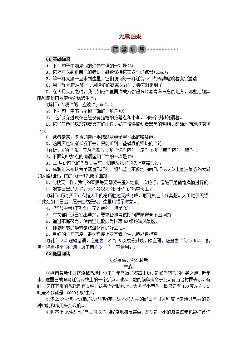 人教部编版语文八年级下册7《大雁归来》习题(AB卷,含答案)(1)第1页