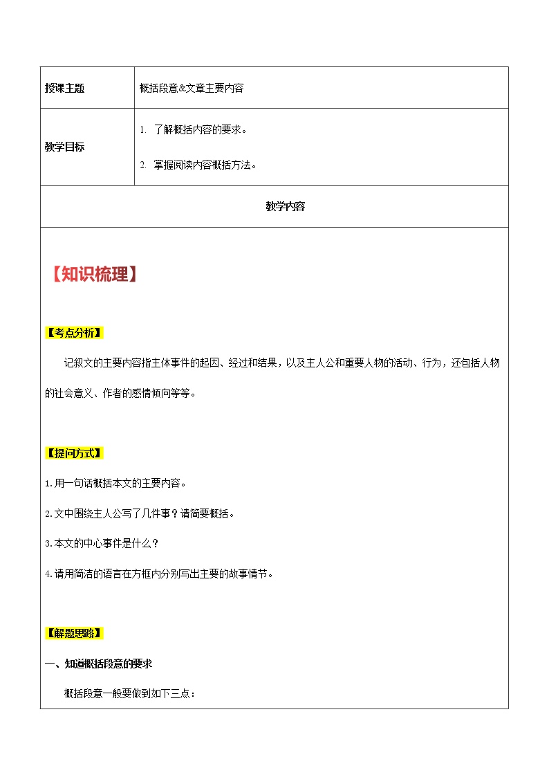 【机构专用】20 记叙文之概括段意&文章主要内容 讲义—2020年六年级升七年级语文暑假辅导