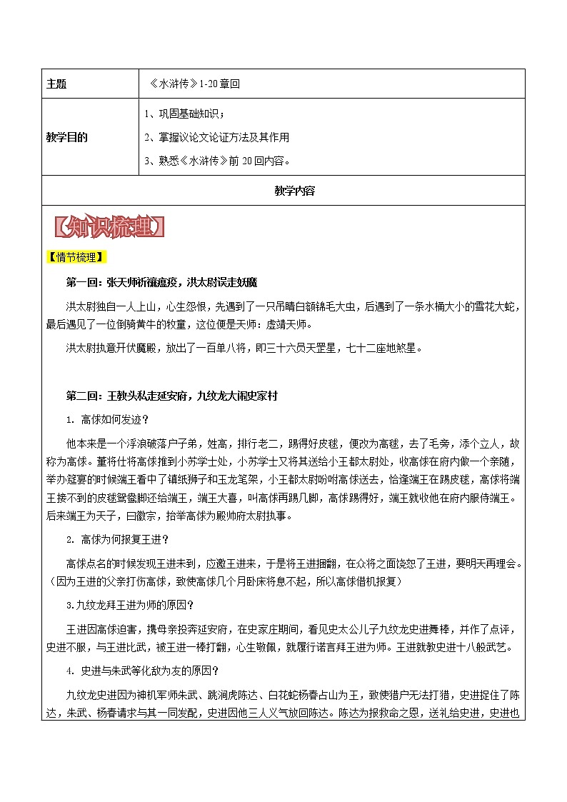 【机构专用】《水浒传》1-20回 讲义—八年级升九年级语文暑假辅导第1页