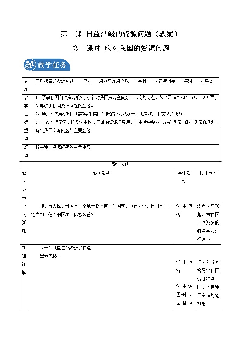 8.2 日益严峻的资源问题(第二课时)配套教案 初中历史与社会人教版九年级下册(2022年)01