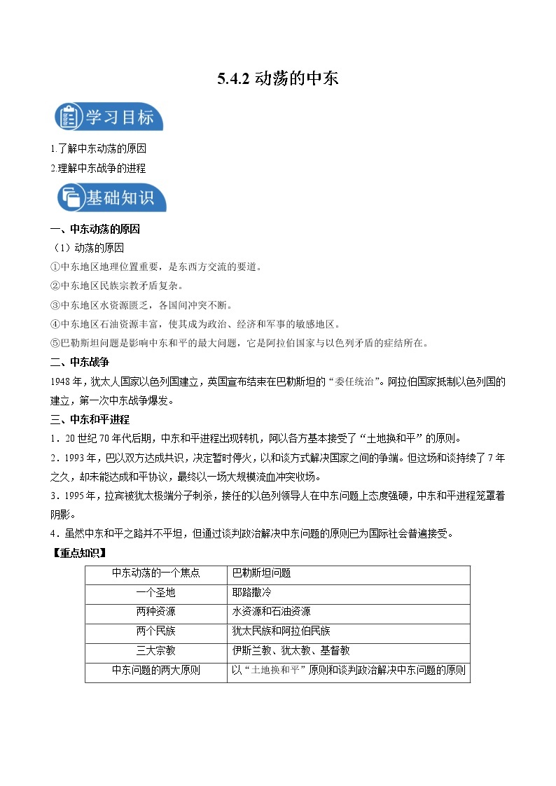 5.4 亚非拉地区的发展——动荡的中东 学案 初中历史与社会人教版九年级下册（2022年）01