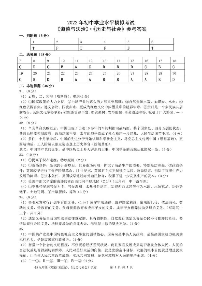 2022年浙江省杭州市拱墅区中考一模历史与社会道德与法治卷及答案01