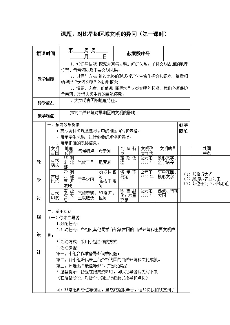 人教版八年級歷史與社會上冊教案：綜合探究一對比早期區(qū)域文明之間的異同第1頁