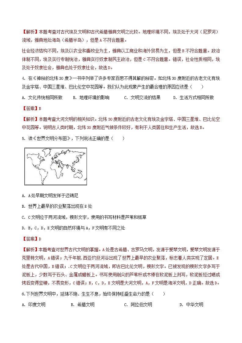 综合探究一 对比早期区域文明之间的异同(练习)(解析版)第2页