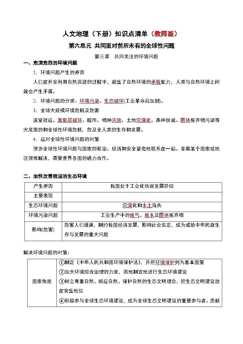 人文地理(下册) 第6单元 第3课 共同关注的环境问题 知识点清单(教师版)第1页