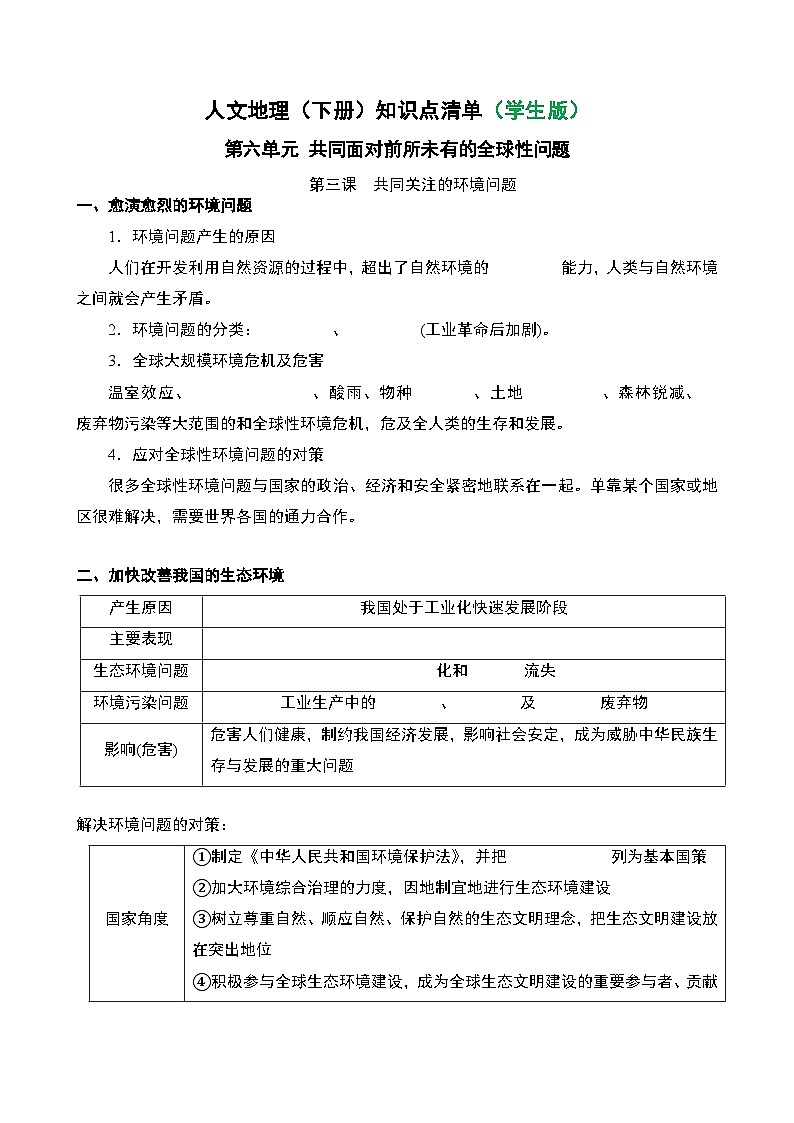 人文地理(下册) 第6单元 第3课 共同关注的环境问题 知识点清单(学生版)第1页