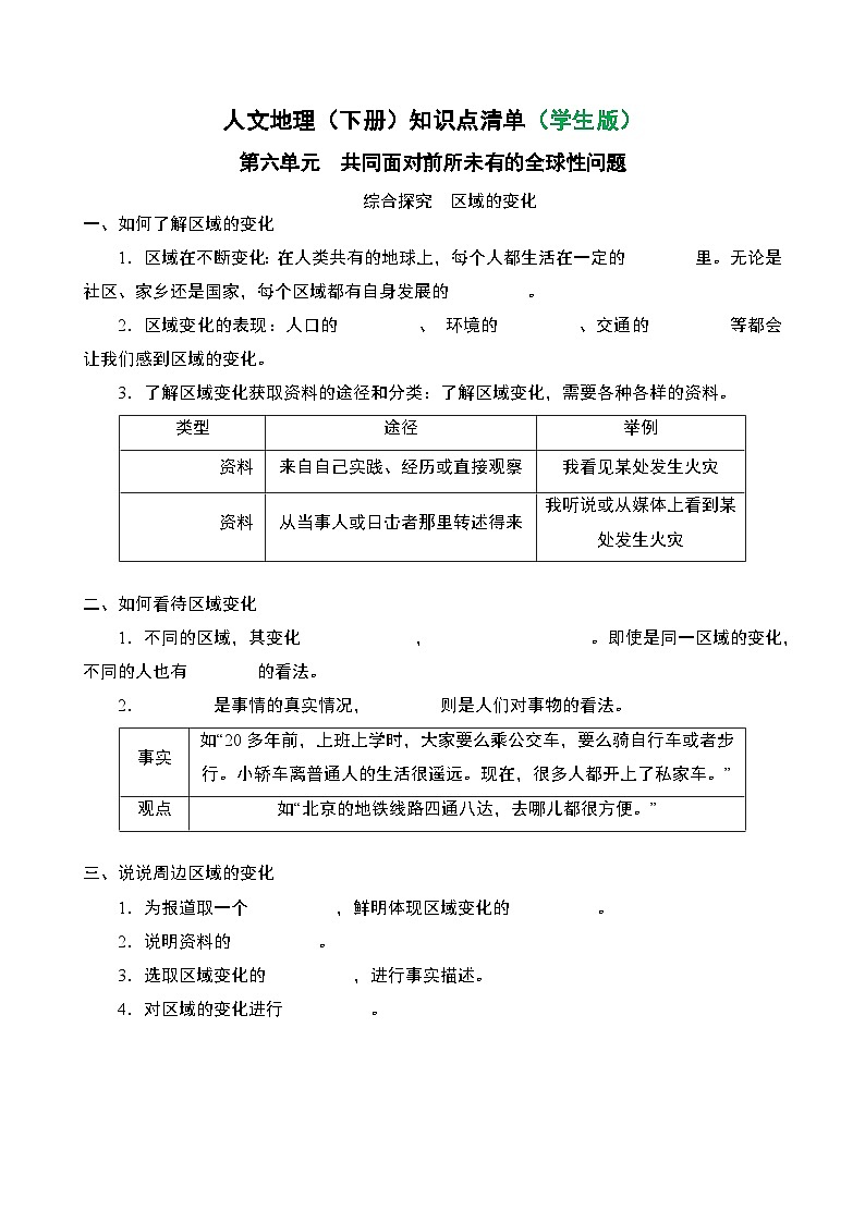 人文地理(下册) 第6单元 探究 区域的变化 知识点清单(学生版)第1页