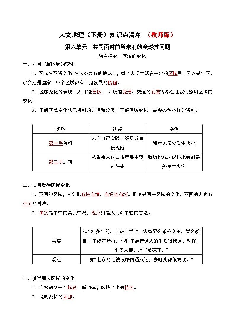 人文地理(下册) 第6单元 探究 区域的变化 知识点清单(教师版)第1页