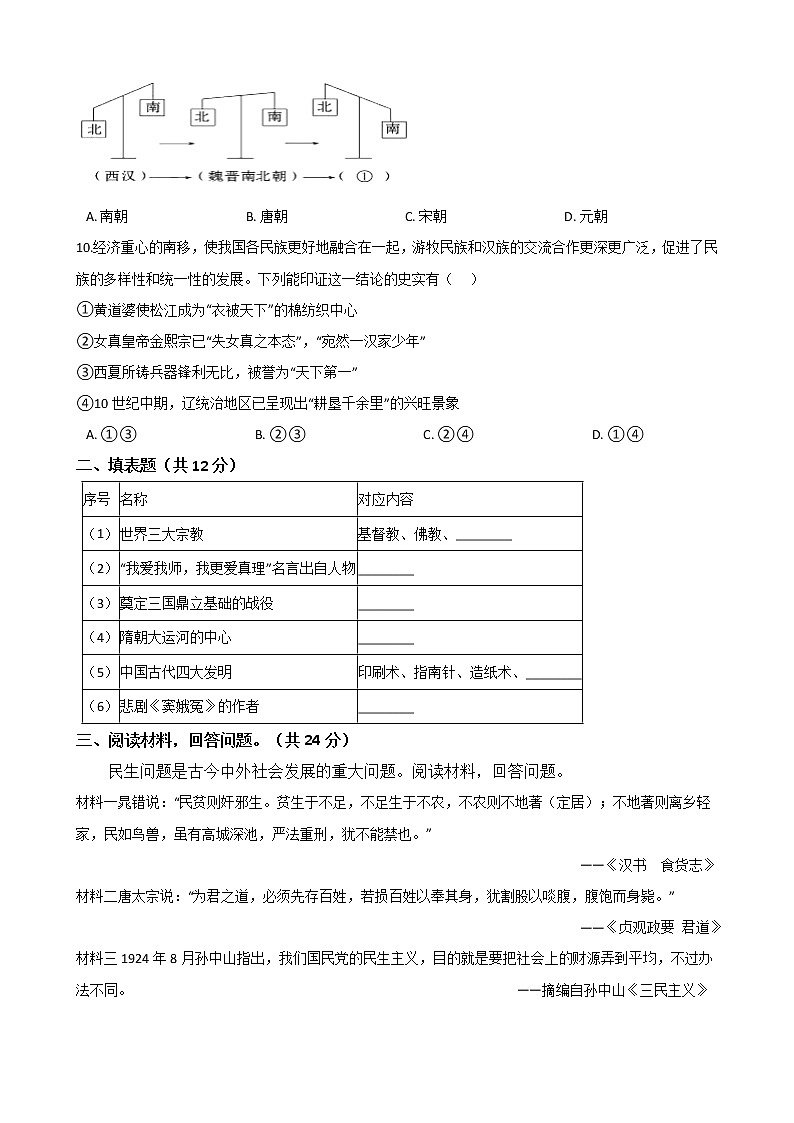 人教版 八年级历史与社会上册 第四单元 绵延不绝的中华文明(二)“多元一体”格局与文明高度发展 单元测试(word文档含答案)第2页