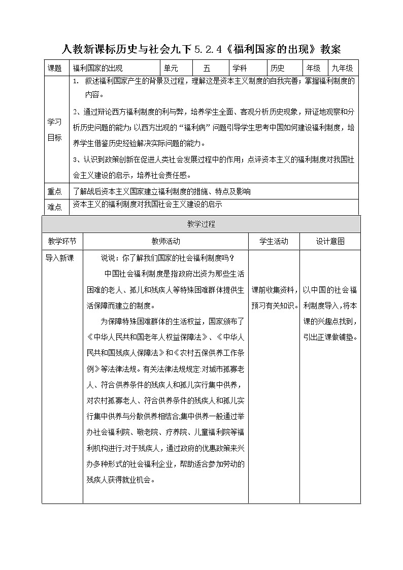 5.2.4 福利国家的出现(课件+教案+练习)01