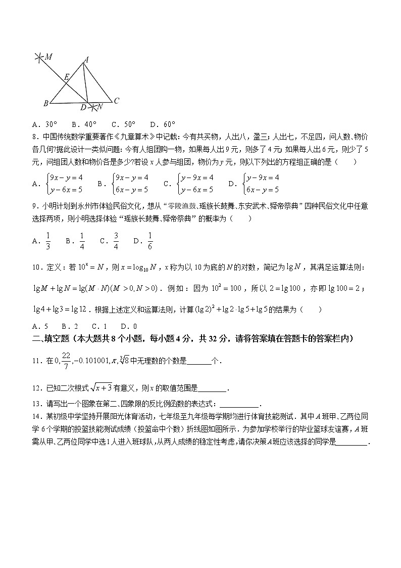 湖南省永州市2021年中考真题数学试卷(word版+无答案)第2页