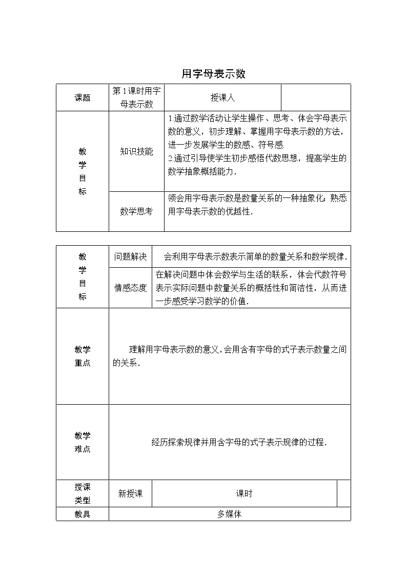 人教版七年级上册数学 第2章 【教案】 用字母表示数01
