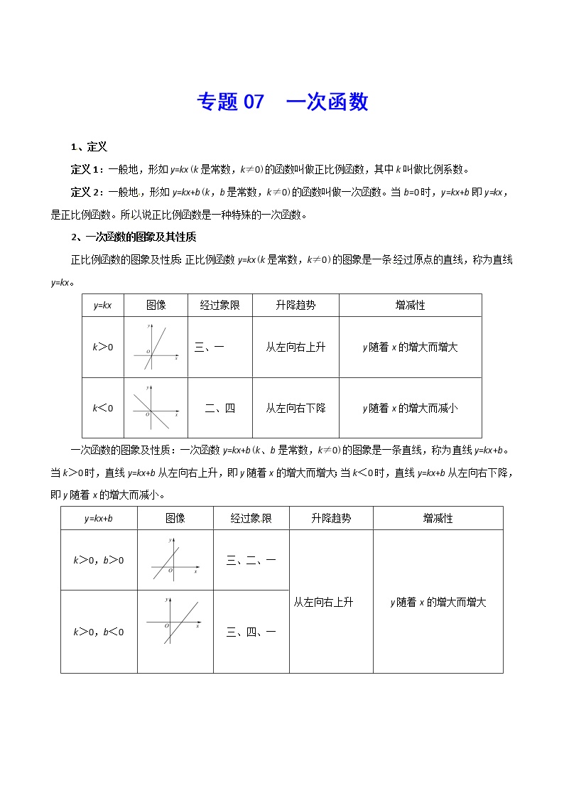 专题07 一次函数-2021年中考数学总复习知识点梳理（全国通用）