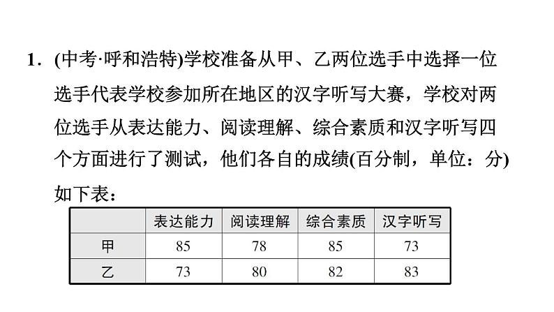 北师版八年级上册数学习题课件 第6章 6.1.2 加权平均数的三种常见类型03