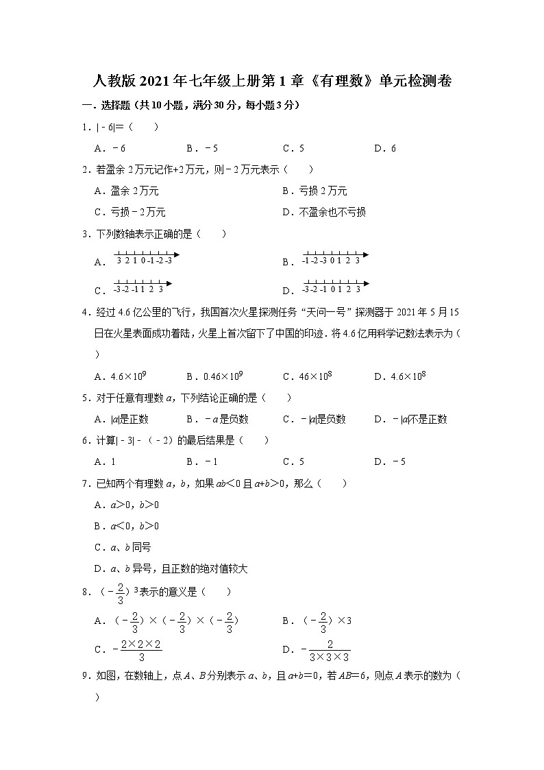 人教版2021年七年级上册第1章《有理数》单元检测卷 含答案第1页
