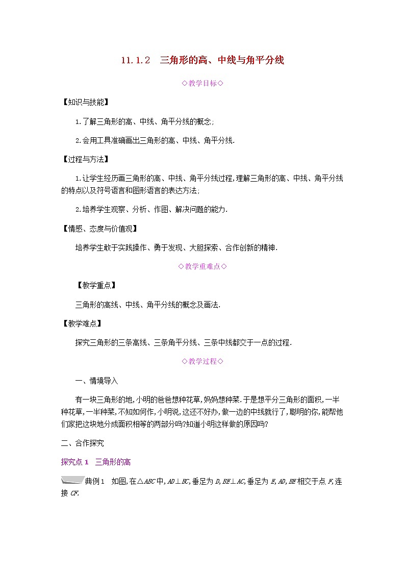 2021-2022学年人教版数学八年级上册11.1.2 三角形的高、中线与角平分线教案01