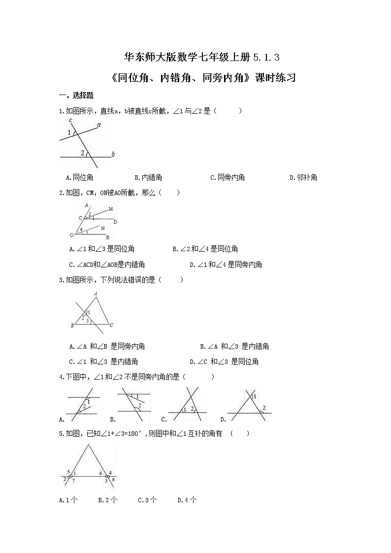 2021年华东师大版数学七年级上册5.1.3《同位角、内错角、同旁内角》课时练习(含答案)第1页