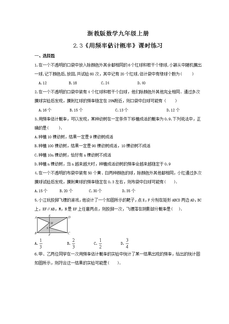 2021年浙教版数学九年级上册2.3《用频率估计概率》课时练习(含答案)第1页