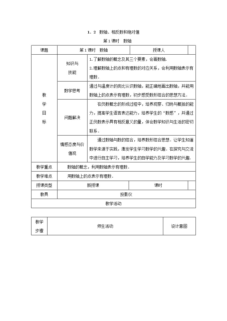 沪科版初中数学七年级上册 1.2.1 数轴 教案01