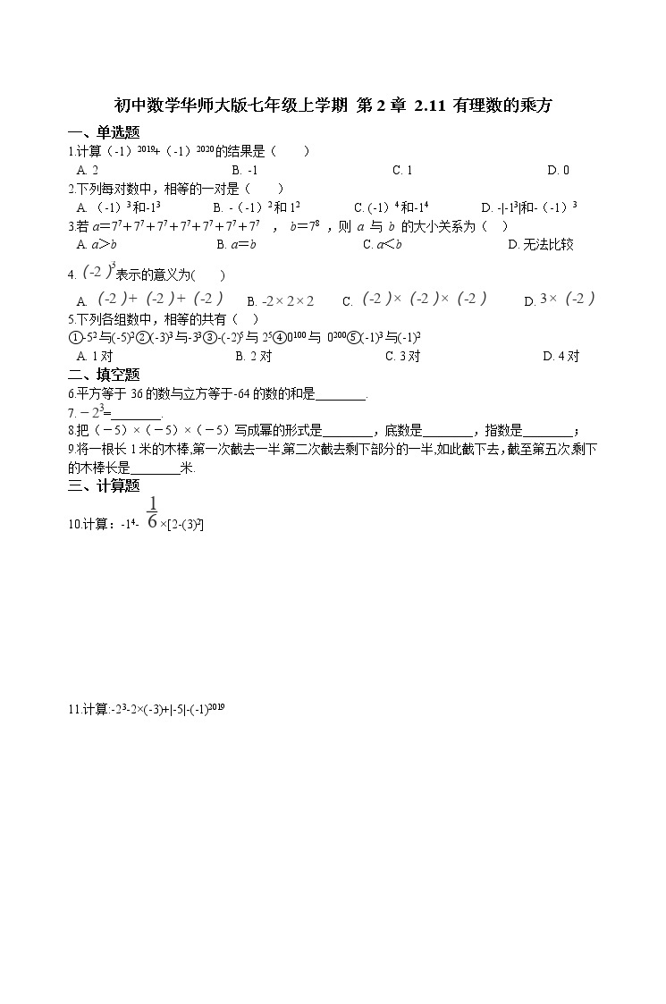 华师大版 数学 七年级上册  2.11 有理数的乘方  同步练习（含答案解析）01