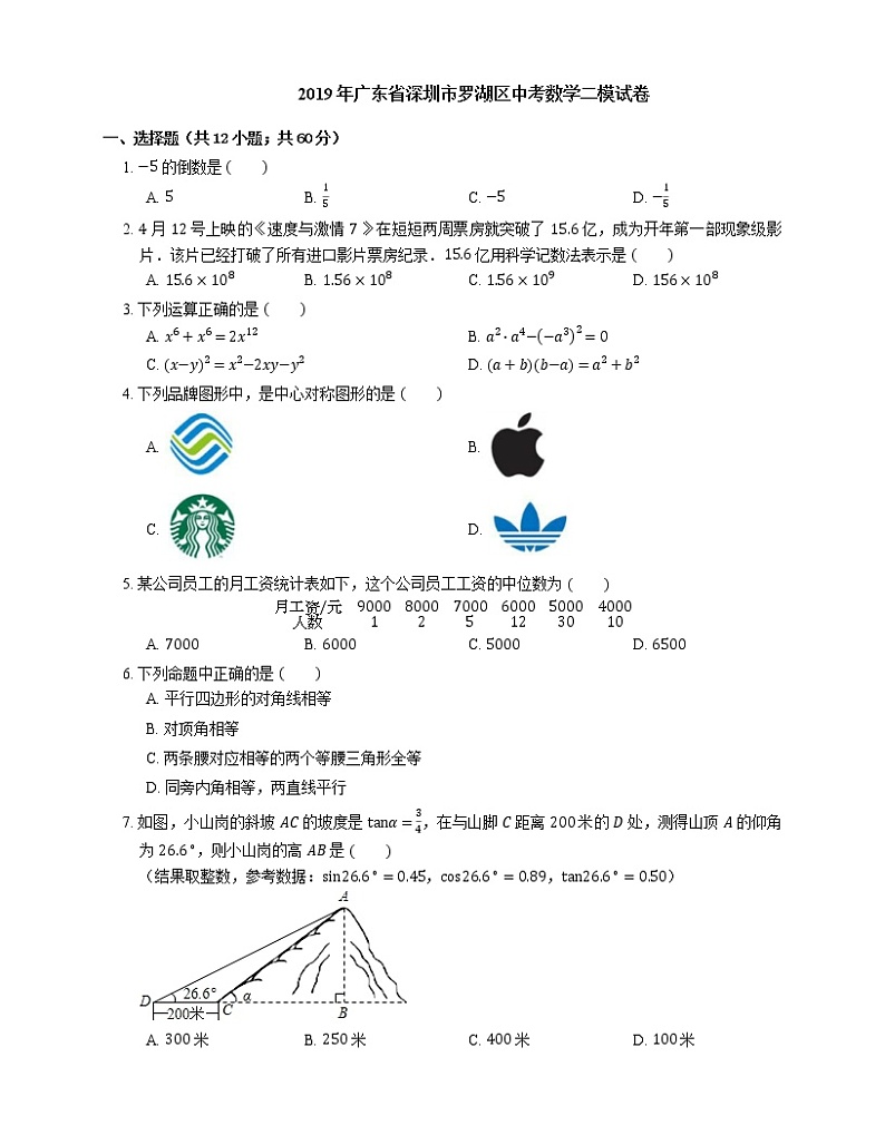 2019年广东省深圳市罗湖区中考二模数学试卷(期中)01