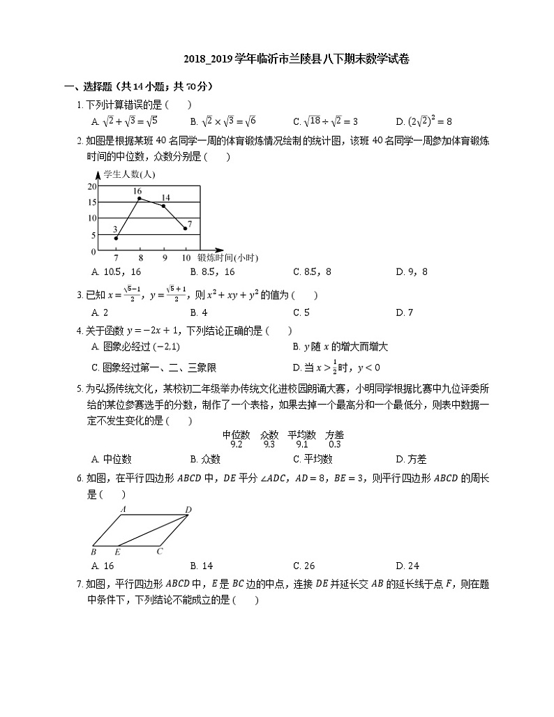 2018_2019学年临沂市兰陵县八下期末数学试卷第1页