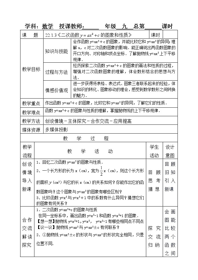 2020-2021学年 九年级数学人教版上册 第二十二章 二次函数22.1.3《二次函数的图象和性质--2》教案第1页
