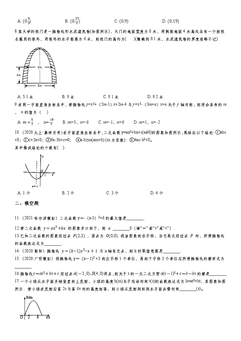 人教版2021年九年级数学上册第二十二章《二次函数》单元复习题  无答案第2页