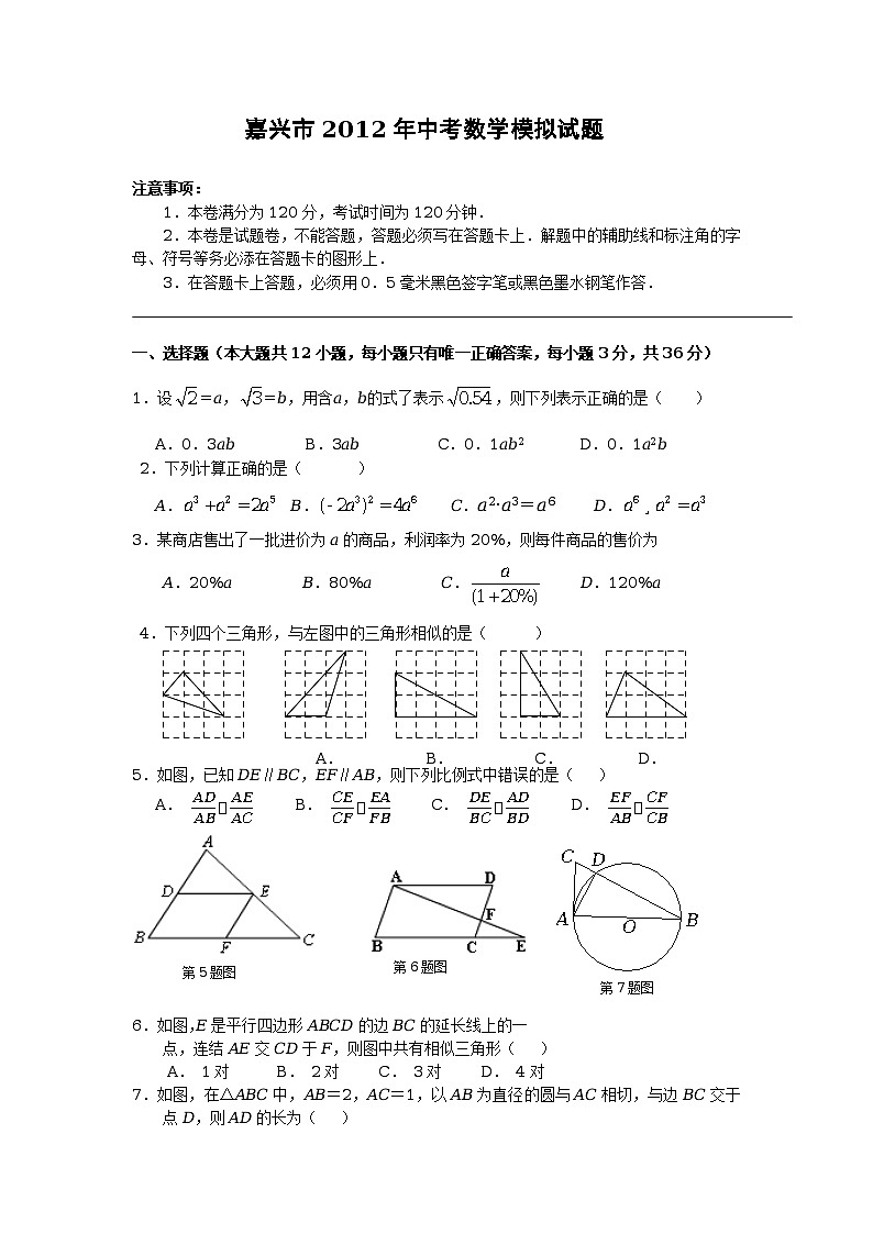 浙江省嘉兴市 2012 中考数学模拟试题及答案第1页