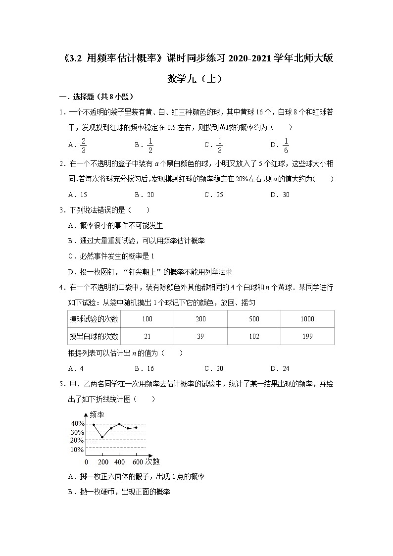 《3.2 用頻率估計概率》課時同步練習(xí)2020-2021學(xué)年北師大版數(shù)學(xué)九（上）第1頁