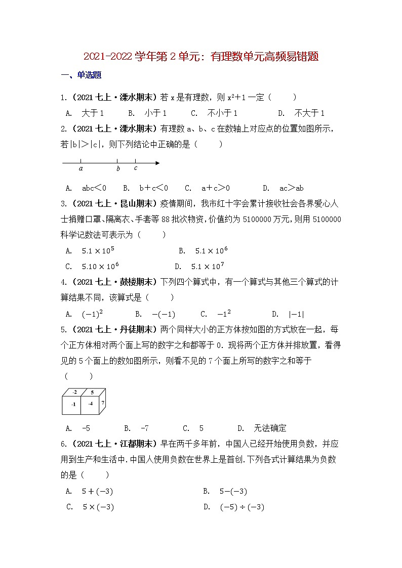 【高频单元易错题】2021-2022学年七上数学第2单元:有理数(原卷)第1页