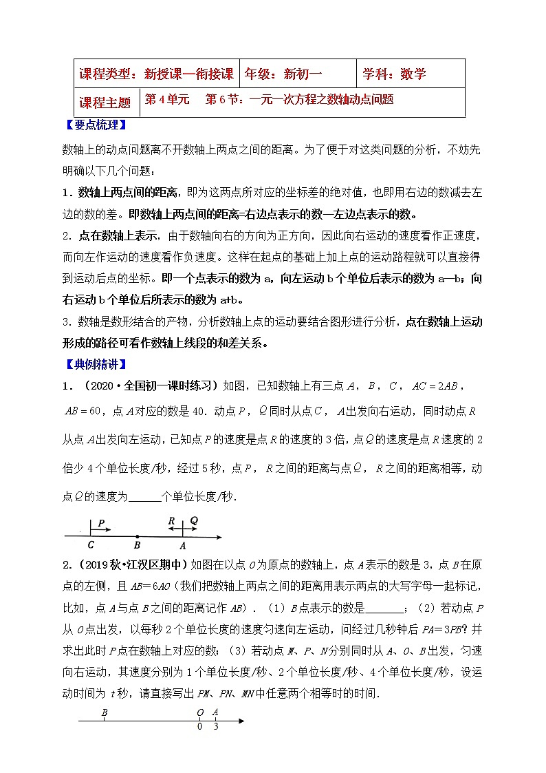 【同步知识点讲义】苏科版2021-2022学年七上第18讲:一元一次方程应用拓展:一元一次方程之数轴动点问题(学生版)第1页