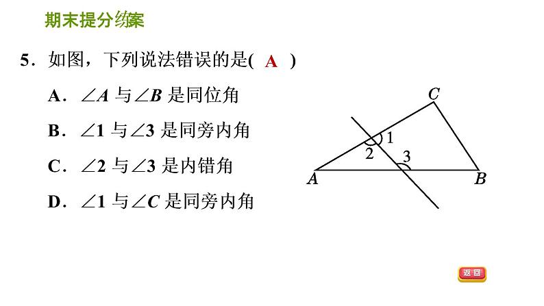 2020--2021学年湘教版七年级下册数学习题课件 第5课时 相交线及平行线的性质与判定第7页