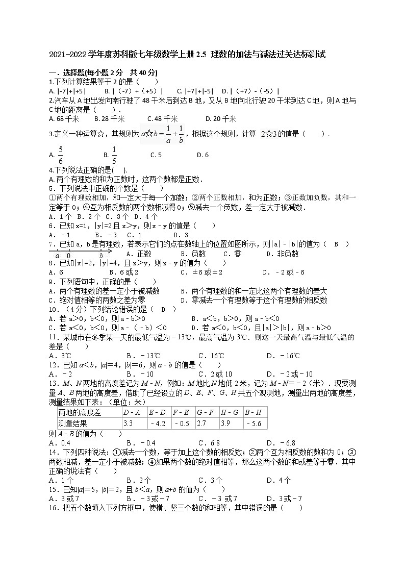2021-2022学年度苏科版七年级数学上册2.5 理数的加法与减法过关达标测试(含解析)01