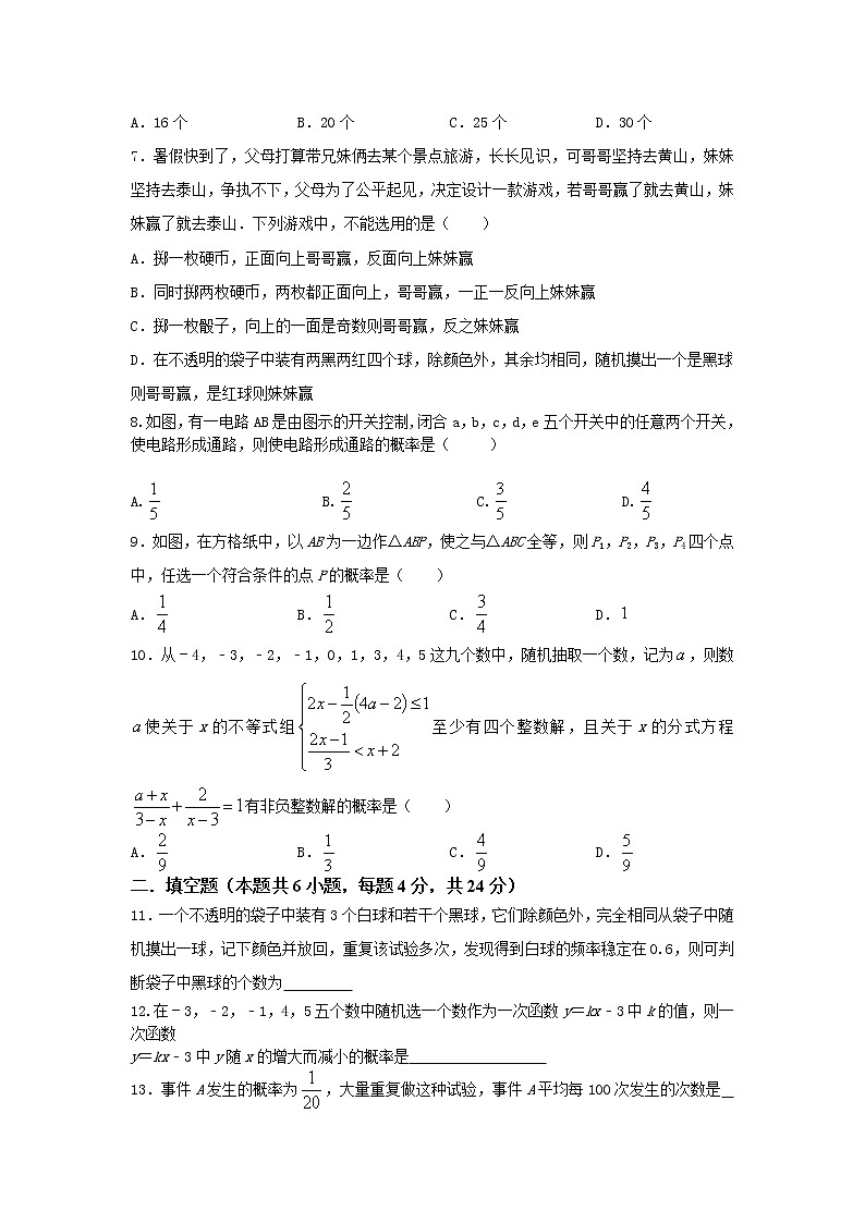 浙教版2021年九年级上册第2章《简单事件概率》单元训练试题 无答案02