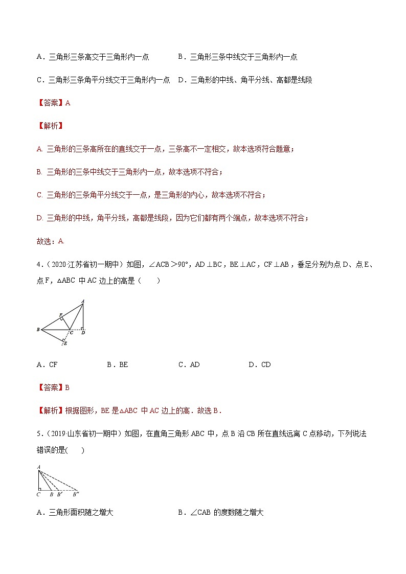 专题11.1 与三角形有关的线段(测试)-2020-2022八年级上册同步讲练(解析版)(人教版)第2页