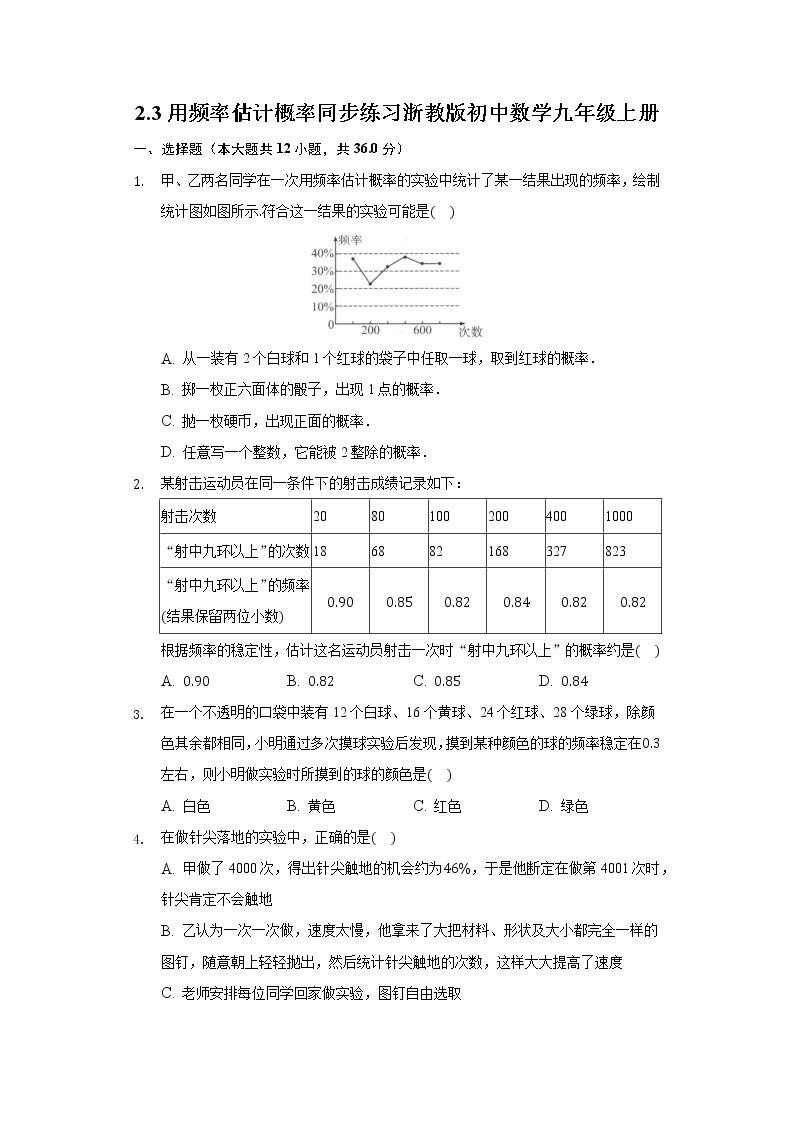 2.3用频率估计概率 同步练习浙教版初中数学九年级上册01