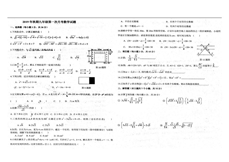 河南省南阳市2019-2020年上学期19中九年级上册数学华东师大第一次月考试卷(图片版,手写答案)01
