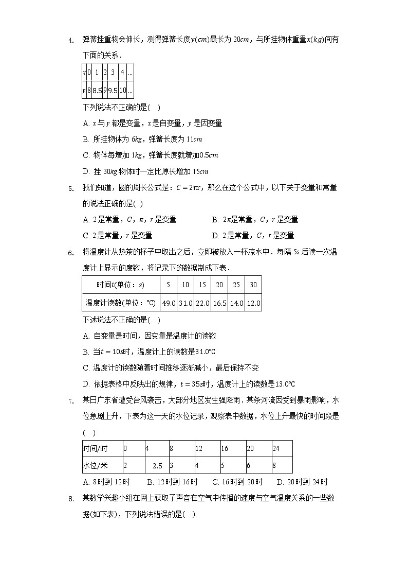 3.1用表格表示的变量间的关系 同步练习 北师大版初中数学七年级下册02