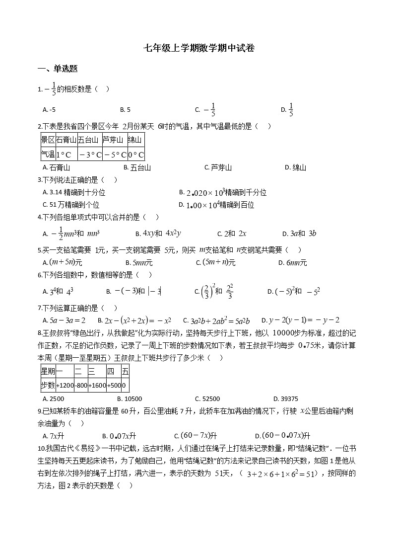2021年山西省孝义市七年级上学期数学期中试卷附答案第1页